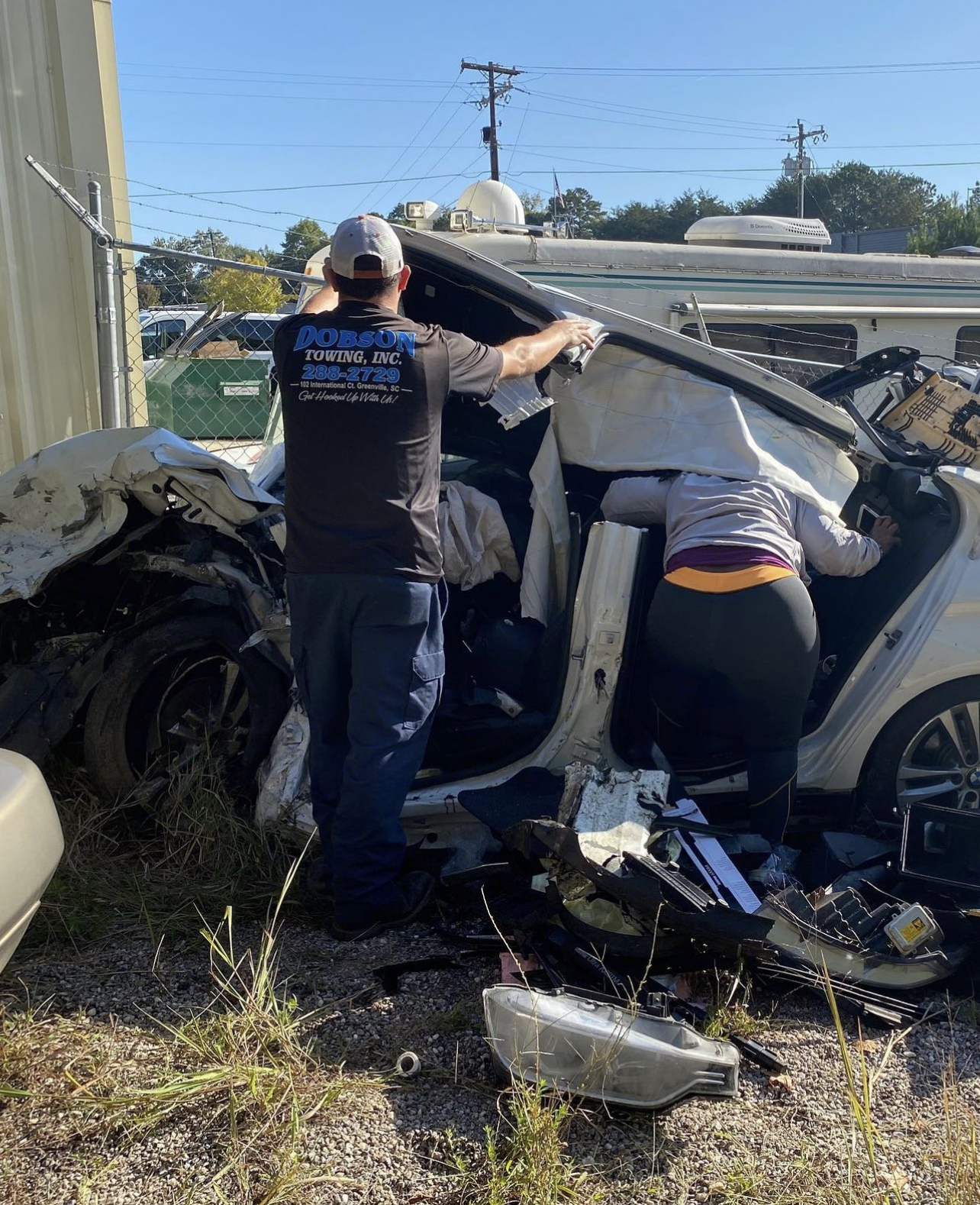 The wrecked car after the crash